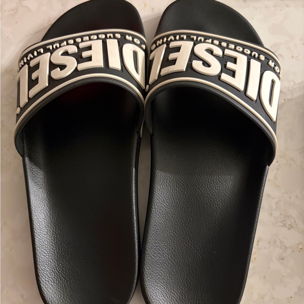 Diesel Black and White Logo Slide Sandals